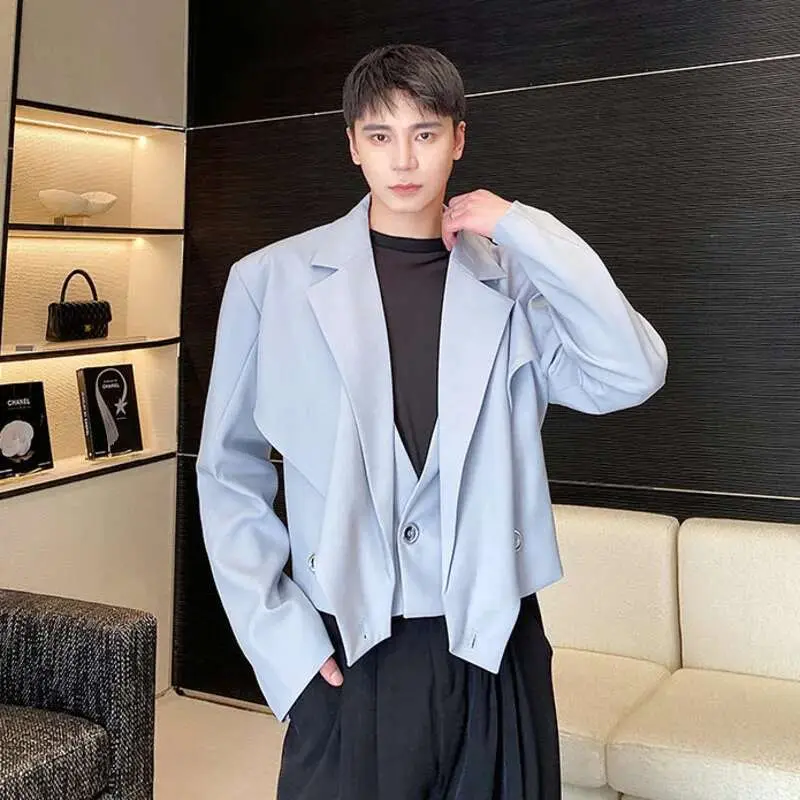 IEFB Elgance Men's Blazers Short Irregular Jacket Cross Suit Collar Patchwork Button Niche Design Male Suit Coat New 9A7474