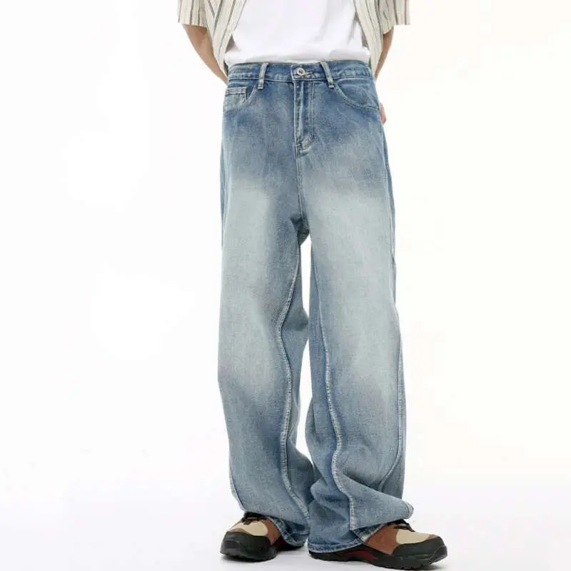 IEFB American Style Men' Denim Pants Casual Multi-level Patchwork Straight Buttom Loose Wide Leg Male Jeans New Chic 9C6432