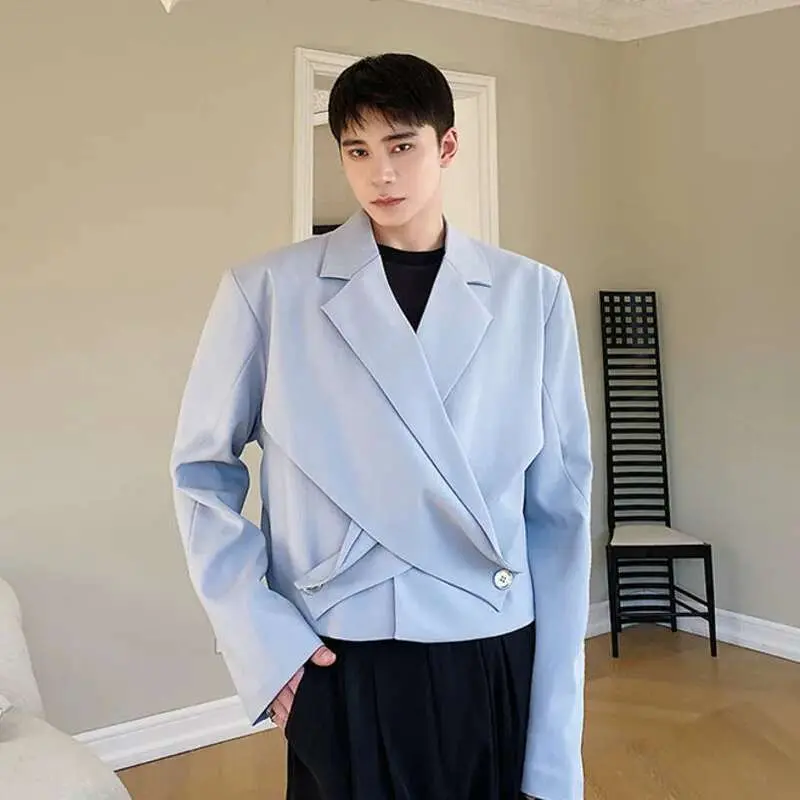 IEFB Elgance Men's Blazers Short Irregular Jacket Cross Suit Collar Patchwork Button Niche Design Male Suit Coat New 9A7474