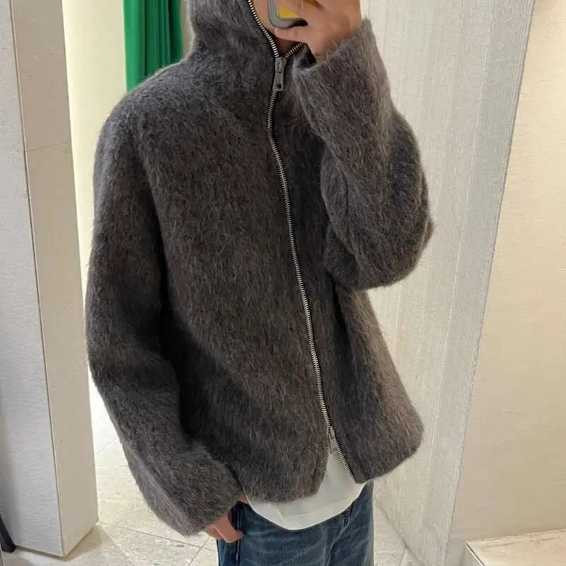 IEFB American Style Men's Cardigan Hooded Zipper Mohair Tops Solid Color Casual Loose Knitting Male Sweaters New Menswear 9W201