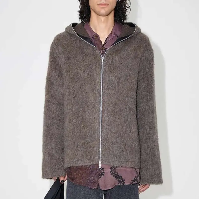IEFB American Style Men's Cardigan Hooded Zipper Mohair Tops Solid Color Casual Loose Knitting Male Sweaters New Menswear 9W201