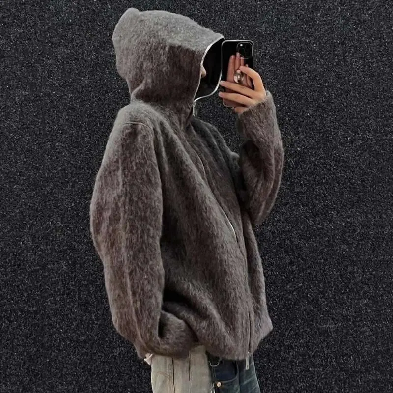 IEFB American Style Men's Cardigan Hooded Zipper Mohair Tops Solid Color Casual Loose Knitting Male Sweaters New Menswear 9W201