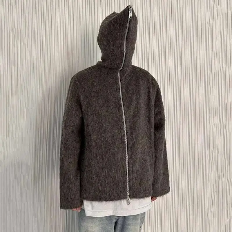 IEFB American Style Men's Cardigan Hooded Zipper Mohair Tops Solid Color Casual Loose Knitting Male Sweaters New Menswear 9W201