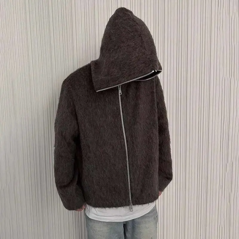 IEFB American Style Men's Cardigan Hooded Zipper Mohair Tops Solid Color Casual Loose Knitting Male Sweaters New Menswear 9W201