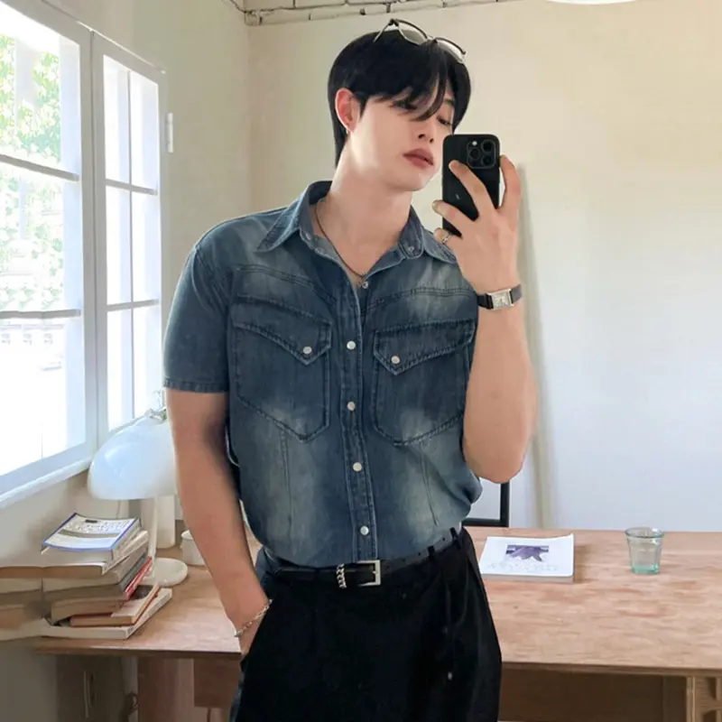 IEFB Niche Design Men's Denim Shirts Turn-down Collar Single Breasted Washing Solid Color Short Sleeved Loose Male Tops 9W2513