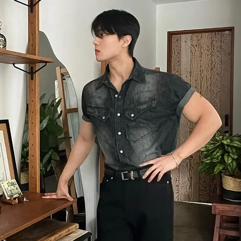 IEFB Niche Design Men's Denim Shirts Turn-down Collar Single Breasted Washing Solid Color Short Sleeved Loose Male Tops 9W2513