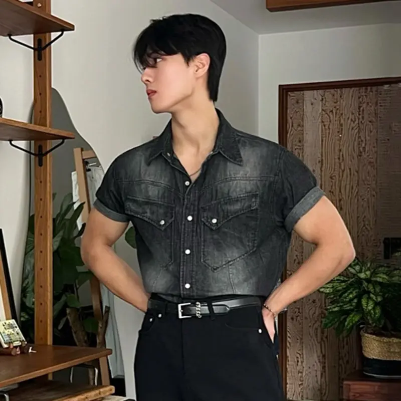 IEFB Niche Design Men's Denim Shirts Turn-down Collar Single Breasted Washing Solid Color Short Sleeved Loose Male Tops 9W2513
