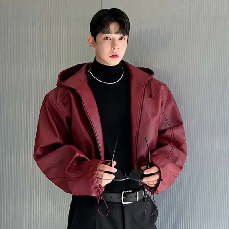 IEFB American Style Men's Jackets Casual Pu Leather Drawstring Hooded Solid Color Loose Male Coats Personalized Autumn 9C7986