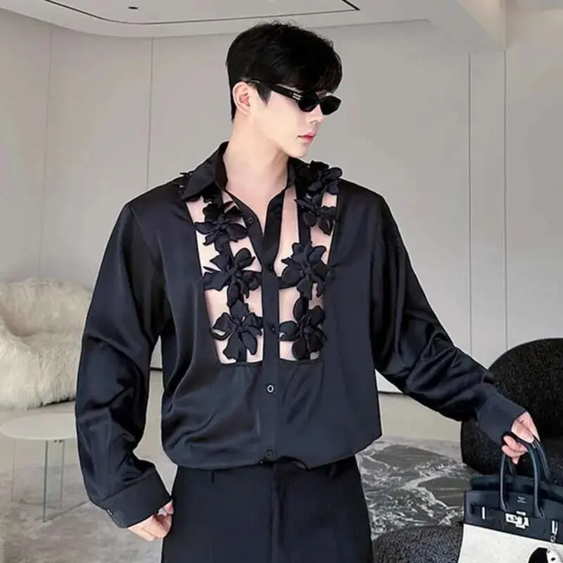 IEFB Men's Shirts Long Sleeve New Kroean Spliced Flower Hollow Out Fashion Top Turn-down Collar Single Breasted Menwear 9W1518