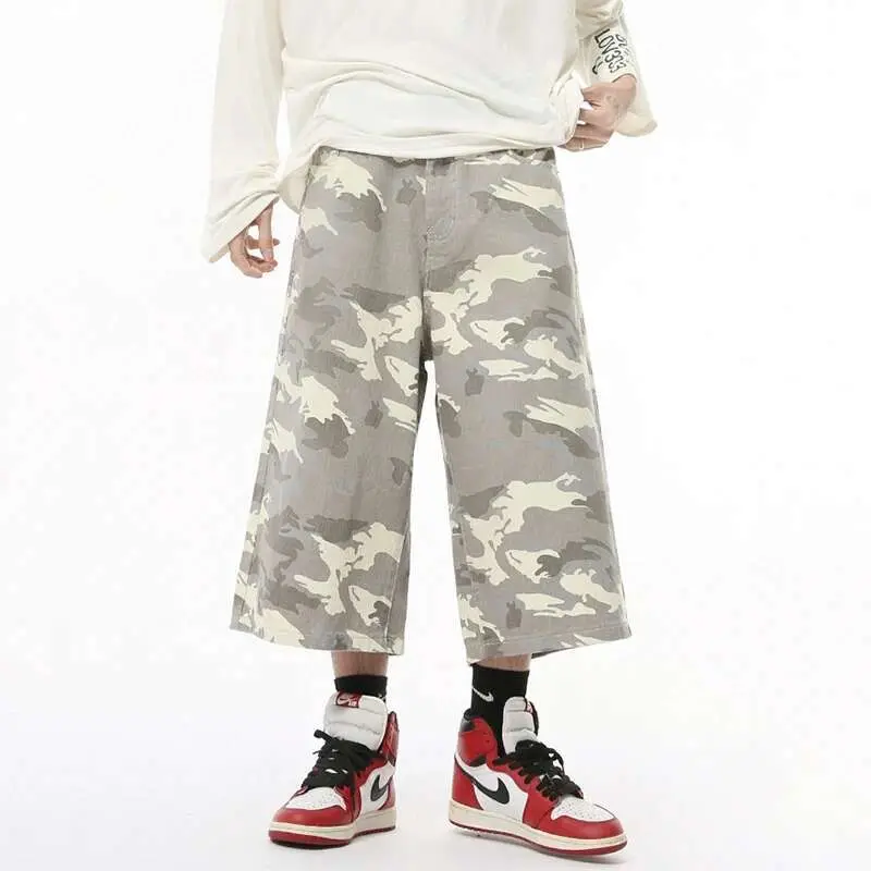IEFB Men's Cropped Trousers Camouflage Denim Contrast Color Straight New Autumn Loose Male Wide Leg Male Button Shorts 9A8825