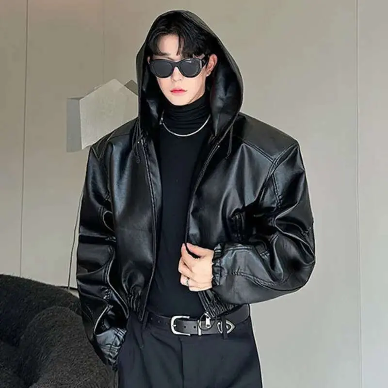 IEFB American Style Men's Jackets Casual Pu Leather Drawstring Hooded Solid Color Loose Male Coats Personalized Autumn 9C7986