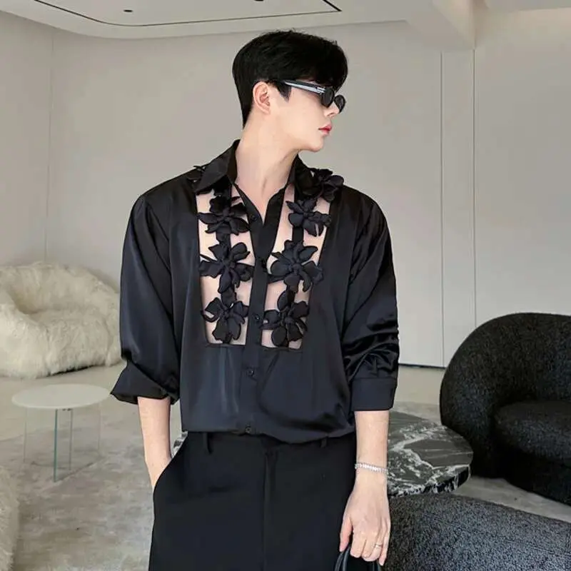 IEFB Men's Shirts Long Sleeve New Kroean Spliced Flower Hollow Out Fashion Top Turn-down Collar Single Breasted Menwear 9W1518