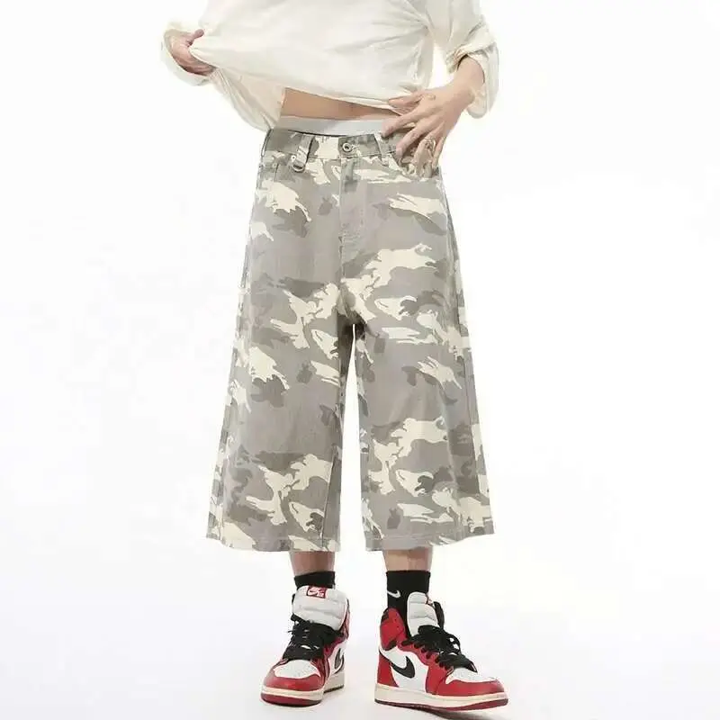 IEFB Men's Cropped Trousers Camouflage Denim Contrast Color Straight New Autumn Loose Male Wide Leg Male Button Shorts 9A8825
