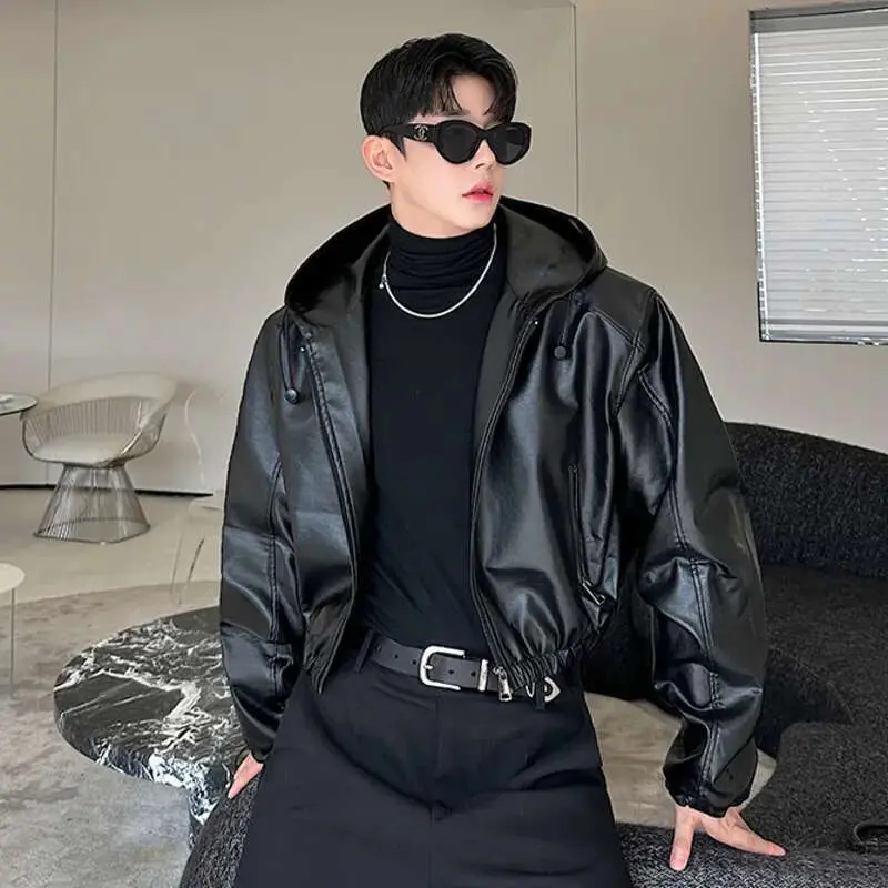 IEFB American Style Men's Jackets Casual Pu Leather Drawstring Hooded Solid Color Loose Male Coats Personalized Autumn 9C7986