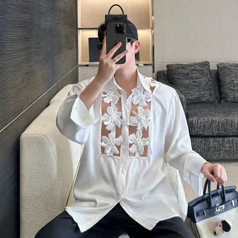 IEFB Men's Shirts Long Sleeve New Kroean Spliced Flower Hollow Out Fashion Top Turn-down Collar Single Breasted Menwear 9W1518