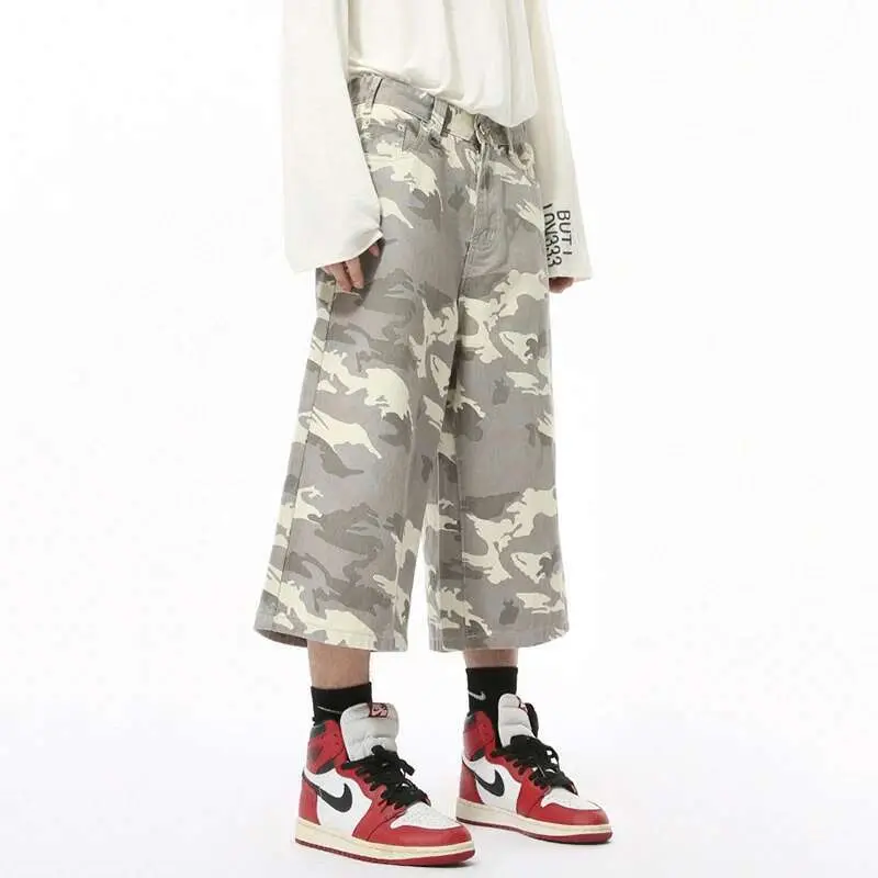 IEFB Men's Cropped Trousers Camouflage Denim Contrast Color Straight New Autumn Loose Male Wide Leg Male Button Shorts 9A8825