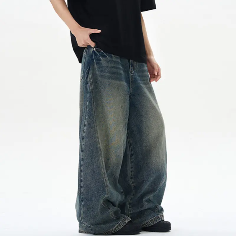 IEFB Male Jeans American Washed Tie Flower Curved Knife Men's Trendy Baggy Straight Leg Denim Pants Spring Summer 9W1168