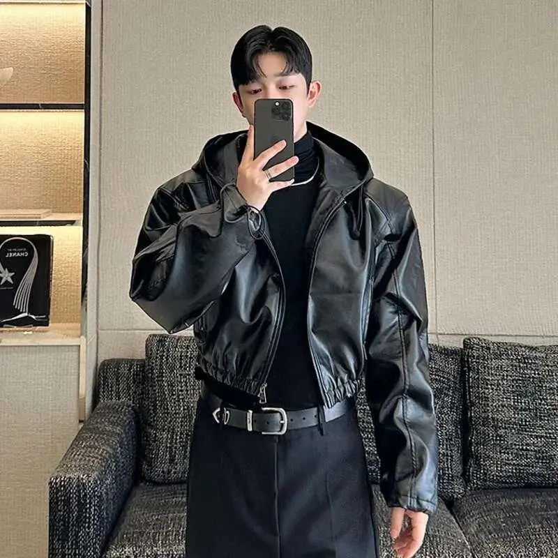 IEFB American Style Men's Jackets Casual Pu Leather Drawstring Hooded Solid Color Loose Male Coats Personalized Autumn 9C7986