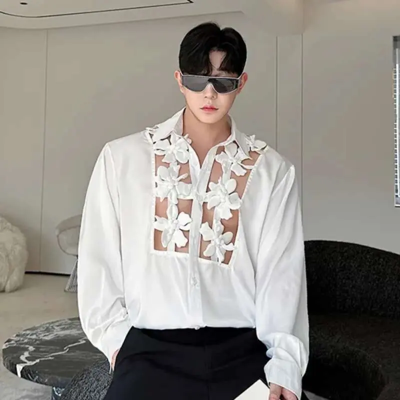 IEFB Men's Shirts Long Sleeve New Kroean Spliced Flower Hollow Out Fashion Top Turn-down Collar Single Breasted Menwear 9W1518