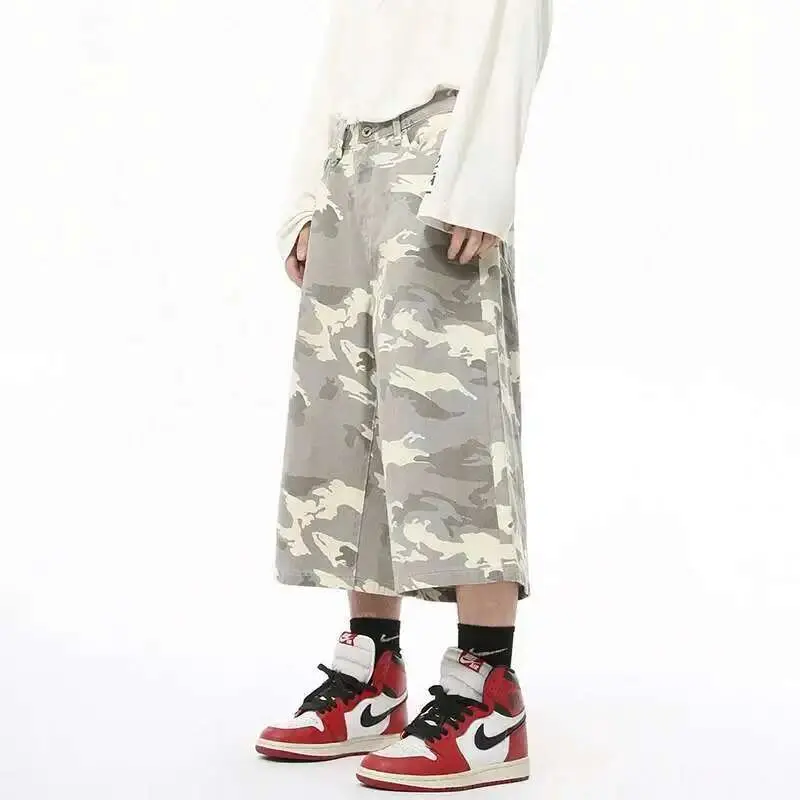 IEFB Men's Cropped Trousers Camouflage Denim Contrast Color Straight New Autumn Loose Male Wide Leg Male Button Shorts 9A8825