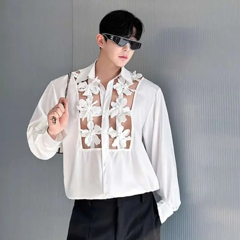 IEFB Men's Shirts Long Sleeve New Kroean Spliced Flower Hollow Out Fashion Top Turn-down Collar Single Breasted Menwear 9W1518