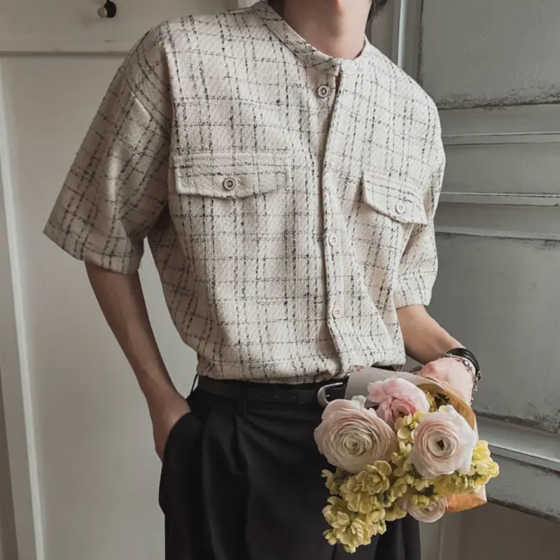 IEFB Striped Design Men's Shirts Round Neck Short Sleeved Casual Menswear Single Breasted Contrast Color Loose Male Tops 9W2729