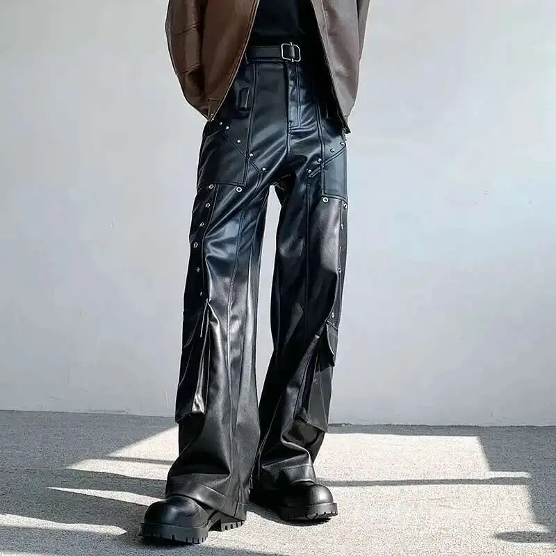 IEFB Spring Men's Leather Trousers Rivet Niche Design PU Casual Pants Solid Color Wide Leg Male Streetwear Niche Design 24X3131