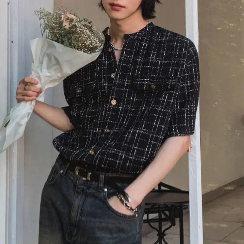 IEFB Striped Design Men's Shirts Round Neck Short Sleeved Casual Menswear Single Breasted Contrast Color Loose Male Tops 9W2729
