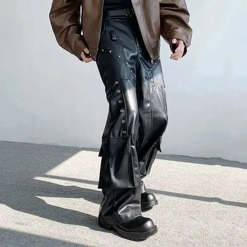 IEFB Spring Men's Leather Trousers Rivet Niche Design PU Casual Pants Solid Color Wide Leg Male Streetwear Niche Design 24X3131