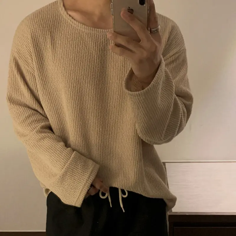 IEFB Men's T-shirts Long Sleeves New Summer Solid Color Trendy Niche Design Round Neck Pullover Stylish Male Casual Tops 9W2038