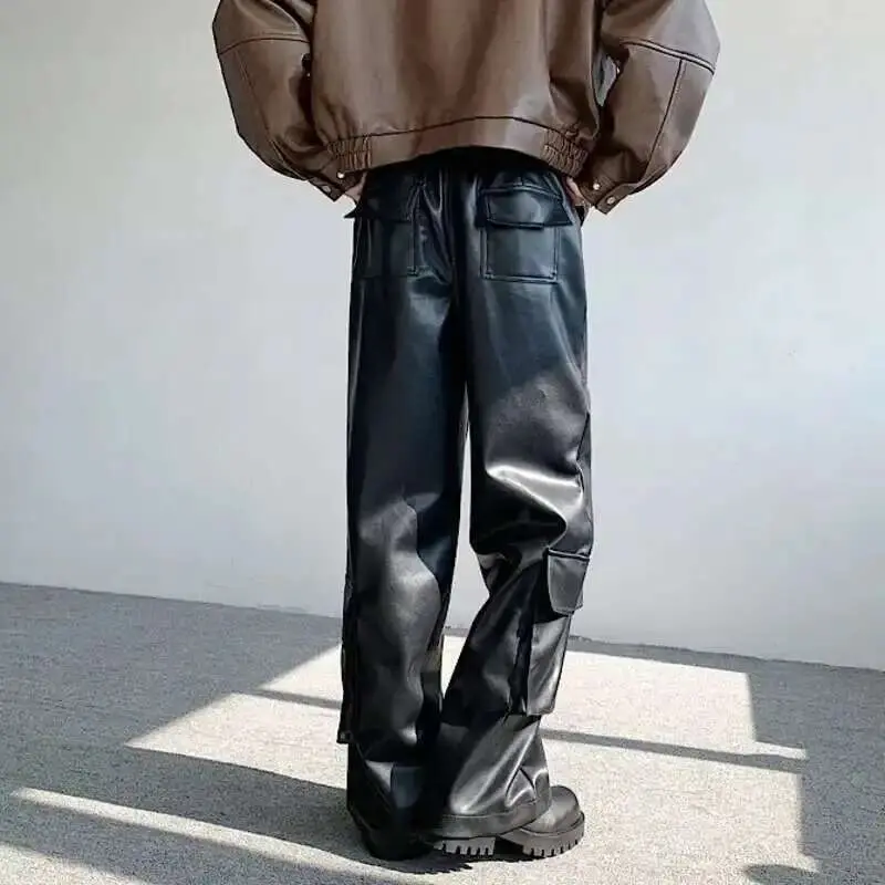 IEFB Spring Men's Leather Trousers Rivet Niche Design PU Casual Pants Solid Color Wide Leg Male Streetwear Niche Design 24X3131