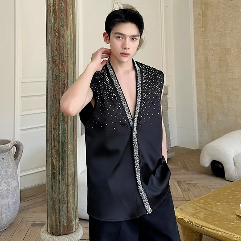 IEFB Diamond Men's Shirts Sleeveless New Summer Ribbon Design Solid Color Simple Singel Breasted Male Clothing Summer 9W2081