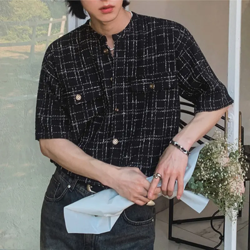 IEFB Striped Design Men's Shirts Round Neck Short Sleeved Casual Menswear Single Breasted Contrast Color Loose Male Tops 9W2729