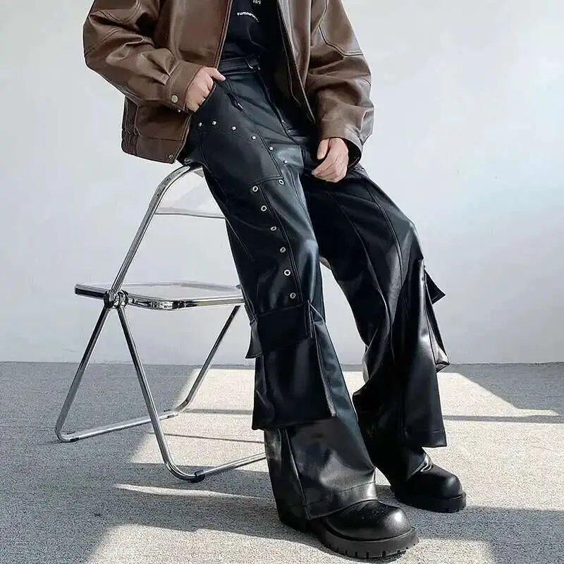 IEFB Spring Men's Leather Trousers Rivet Niche Design PU Casual Pants Solid Color Wide Leg Male Streetwear Niche Design 24X3131