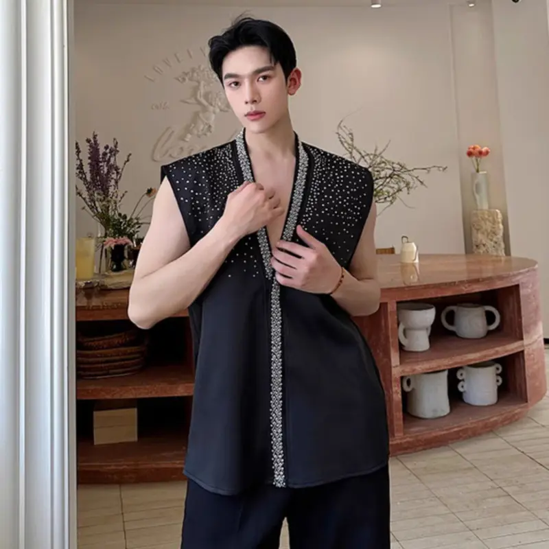 IEFB Diamond Men's Shirts Sleeveless New Summer Ribbon Design Solid Color Simple Singel Breasted Male Clothing Summer 9W2081