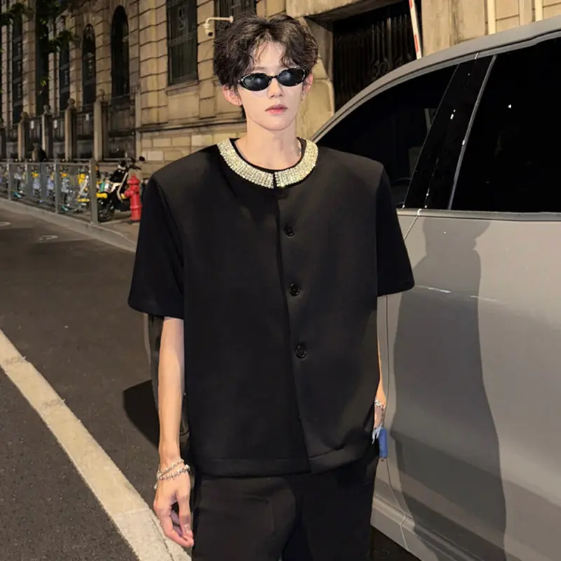 IEFB Diamonds Decoration Men's Suit Jackets Solid Color Single Breasted Round Neck Casual Short Sleeved Male Blazers Tide 9W3866