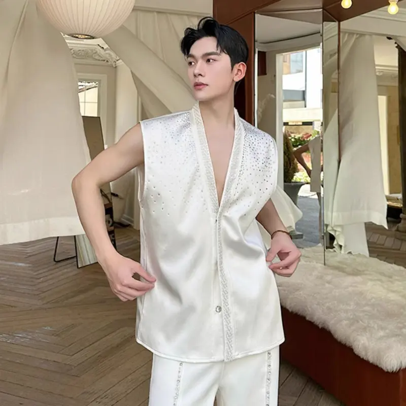 IEFB Diamond Men's Shirts Sleeveless New Summer Ribbon Design Solid Color Simple Singel Breasted Male Clothing Summer 9W2081