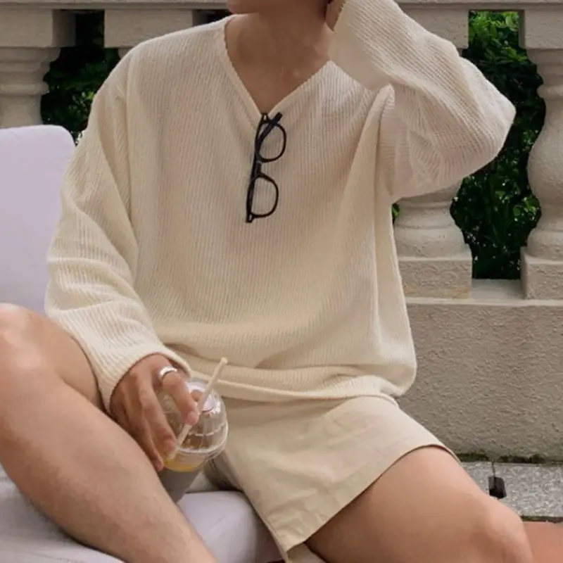 IEFB Men's T-shirts Long Sleeves New Summer Solid Color Trendy Niche Design Round Neck Pullover Stylish Male Casual Tops 9W2038