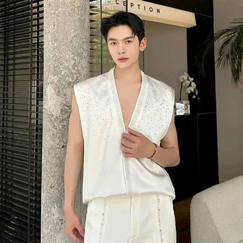 IEFB Diamond Men's Shirts Sleeveless New Summer Ribbon Design Solid Color Simple Singel Breasted Male Clothing Summer 9W2081