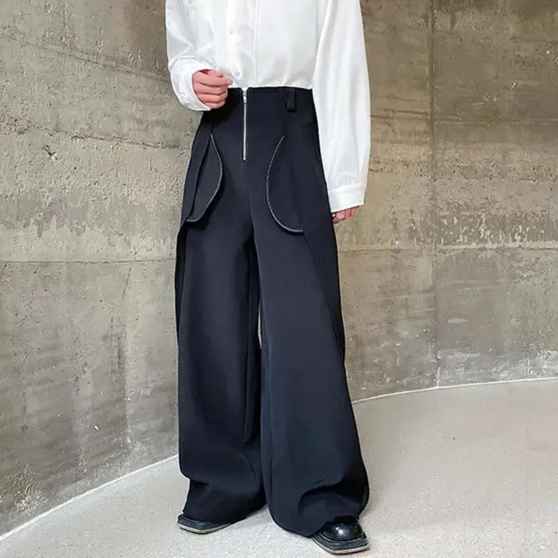 IEFB Patchwork Design Men's Casual Pants Bottom New Trendy Straight Wide Leg Loose Male Solid Color Trousers Korean Style 9C5120
