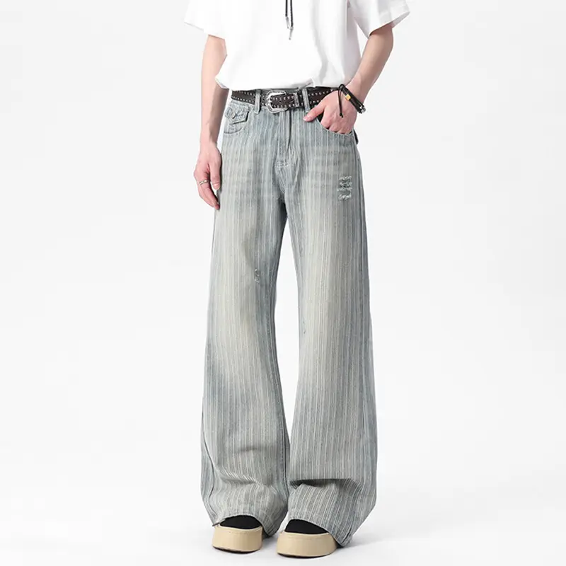 IEFB Men's Wear Micro Vertical Nail Button Washed Jeans Striped Niche Design Male Trousers New Trendy Denim Pants Summer 9W2297
