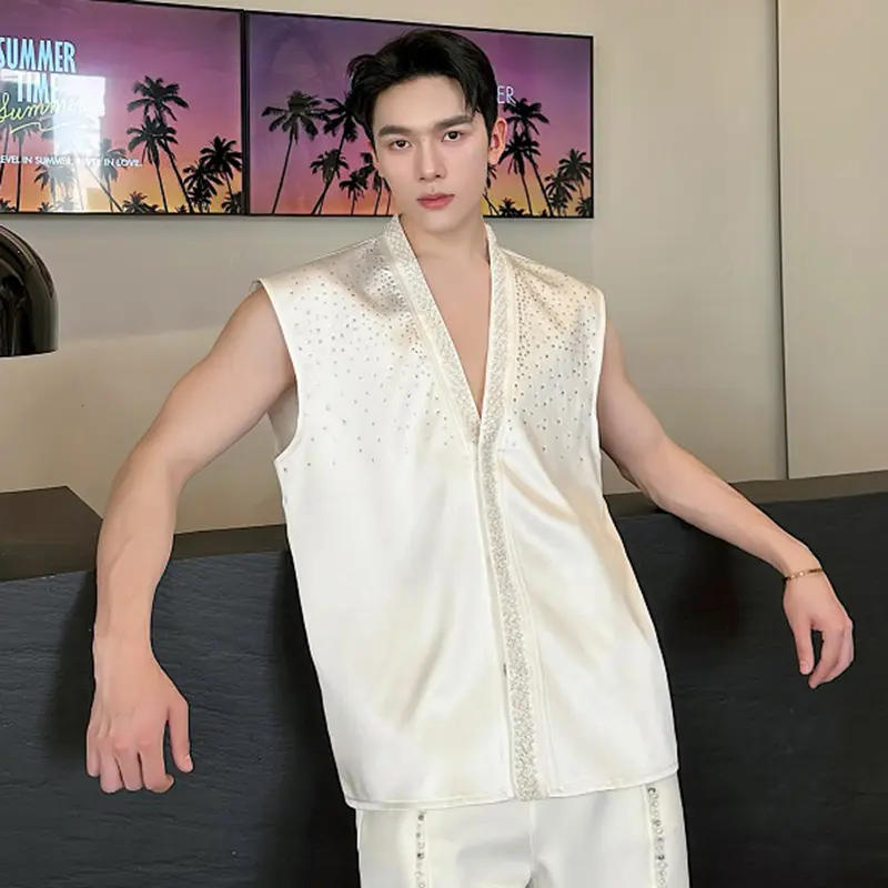IEFB Diamond Men's Shirts Sleeveless New Summer Ribbon Design Solid Color Simple Singel Breasted Male Clothing Summer 9W2081