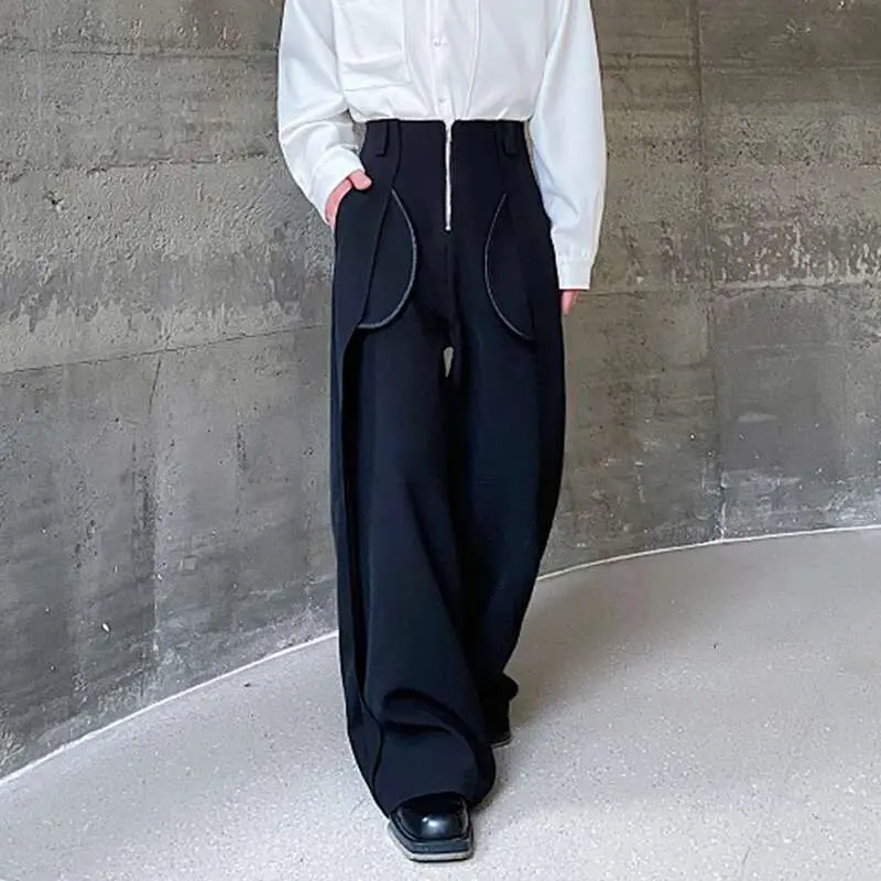 IEFB Patchwork Design Men's Casual Pants Bottom New Trendy Straight Wide Leg Loose Male Solid Color Trousers Korean Style 9C5120