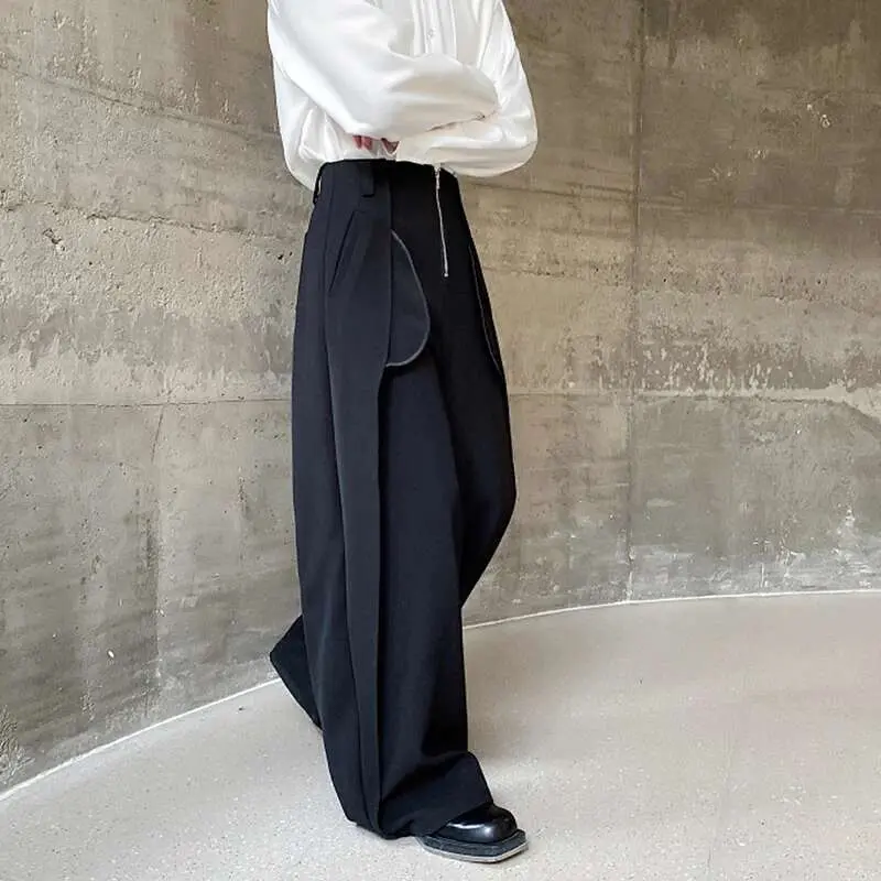 IEFB Patchwork Design Men's Casual Pants Bottom New Trendy Straight Wide Leg Loose Male Solid Color Trousers Korean Style 9C5120