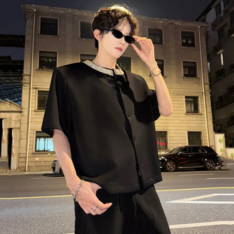 IEFB Diamonds Decoration Men's Suit Jackets Solid Color Single Breasted Round Neck Casual Short Sleeved Male Blazers Tide 9W3866