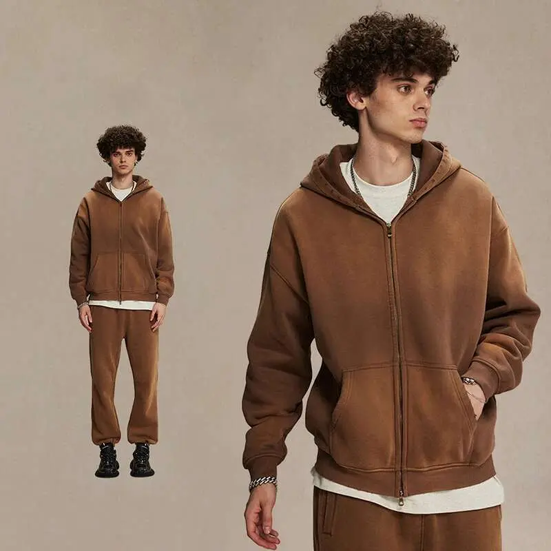 IEFB Solid Color Men's Two-piece Sets Hooded Big Pockets Simple Washing Worn-out Sweatshirts Elastic Waist Straight Pants 9W670