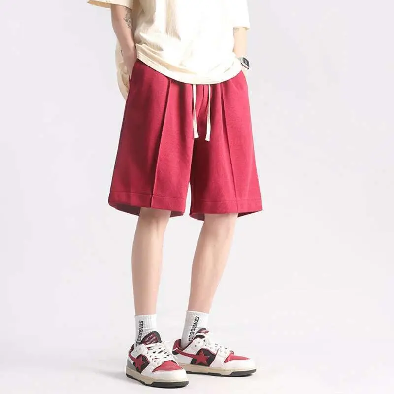 IEFB Men's Summer Simple Solid Color Casual Shorts Youth Sport Loose Drawstring Versatile Sweatpants Straight Leg Trousers 9W996