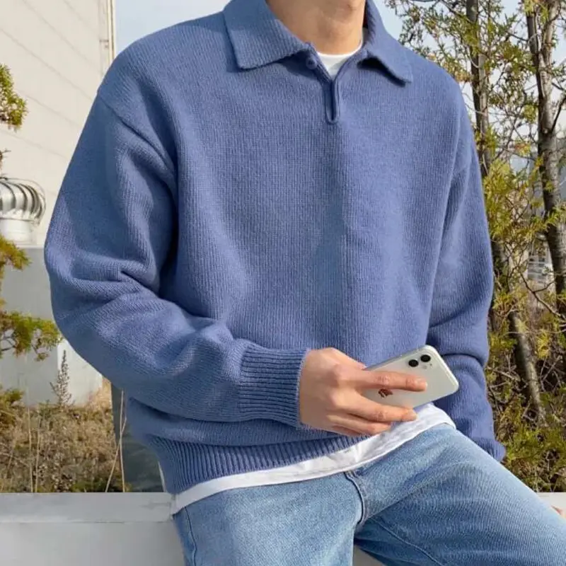 IEFB Korean New Chic Men's Lapel Pullovers Autumn Winter New Loose Long Sleeve Sweater Vintage Kinttwear Knitting Tops 9D1236