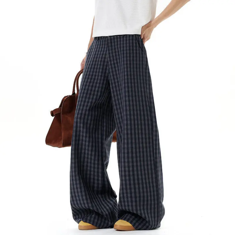 IEFB Loose Fit Plaid Male Casual Pants Plaid Fold Design Men Fashion Trend Summer Wide Leg Trousers Thin Men Clothing 9W3592