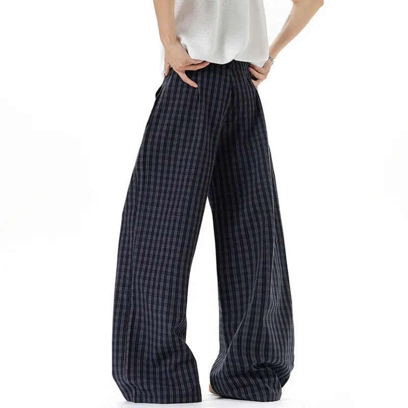 IEFB Loose Fit Plaid Male Casual Pants Plaid Fold Design Men Fashion Trend Summer Wide Leg Trousers Thin Men Clothing 9W3592